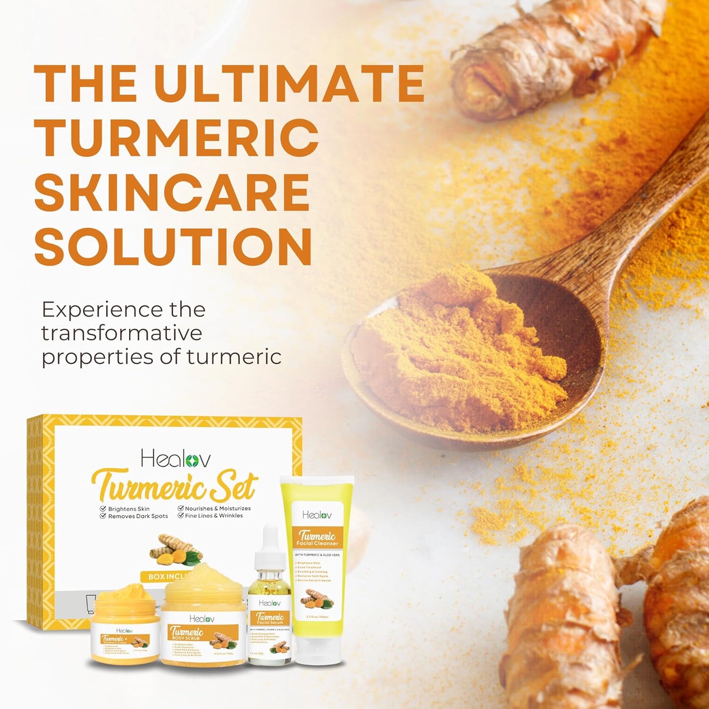 Turmeric Skincare Collection – Face Cleanser, Body Scrub, Cream, and Facial Serum – Hyperpigmentation Treatment and Dark Spot Corrector for Radiant Skin