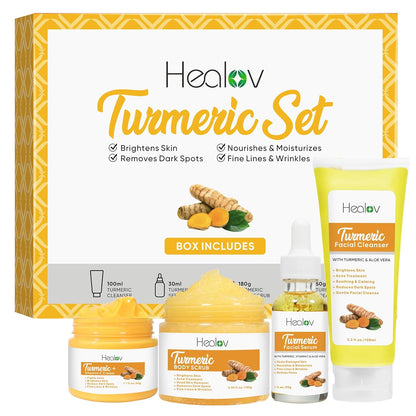 Turmeric Skincare Collection – Face Cleanser, Body Scrub, Cream, and Facial Serum – Hyperpigmentation Treatment and Dark Spot Corrector for Radiant Skin